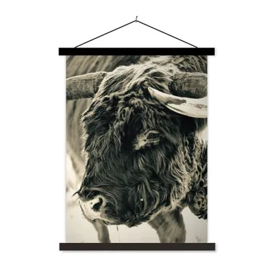 Produktbild von MuchoWow® Textilposter Schottischer Highlander - Schnee - Hörner 60x80 cm mit schwarzem Rahmen - Plakathalter