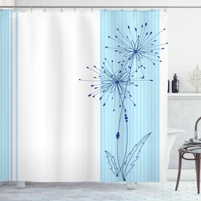 Obrázok produktu pre ABAKUHAUS Pruhovaná sprchová záves, jasné vertikálne dlhé línie s jednoduchým kvetinovým motívom, 175 x 240 cm, svetlo modrá
