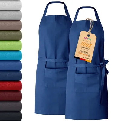 Produktbild von 2er Pack EllaTex Kochschürze Latzschürzen 100% Baumwolle Unisex Schürzen verstellbar mit Tasche Grillschürze Küche, Farbe: Royalblau