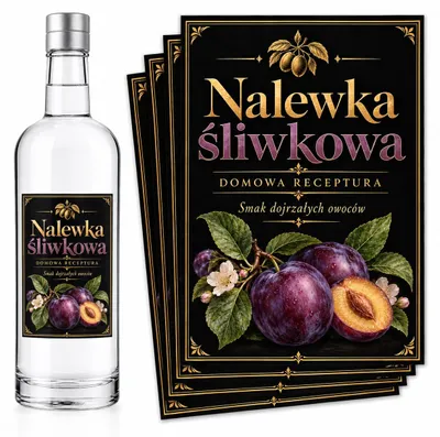 Produktbild von Flaschenetiketten – „Nalewka Śliwkowa” – Schwarz-Gold – #115 – 8 Stück