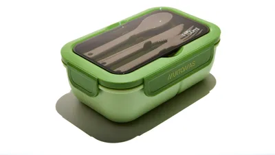 Lunchbox 1100 ml, 3 Fächer, mit Besteck, luftdicht, salbeigrün