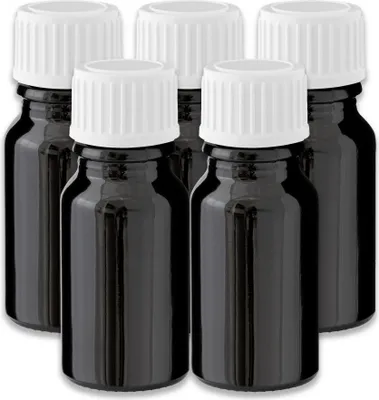 Produktbild von 5x Glasflasche schwarz 10 ml mit weißem PP Verschluss Kosmetikflaschen