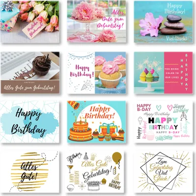 Produktbild von Domelo Geburtstagskarten 24er Set mit Umschlag, Happy Birthday Postkarten, Kraftpapier Karten zum Geburtstag, Geburtstagskarte für Mann/ Frau/ Kinder, Postkarte als Grußkarten
