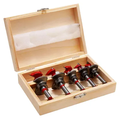 Produktbild von Forstnerbohrer Set 5-tlg., 15–35 mm Hartmetall Holzbohrer mit Tiefenanschlag, verstellbarer Positionierbohrer für Scharnierbohrungen & Holzarbeiten 130305