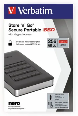 Produktbild von Verbatim Tragbares Store 'n' Go-SSD mit Tastenfeldzugriff 256 GB, 256 GB, USB Typ-C, 3.2 Gen 1 (3.1 Gen 1), Passwortschutz, Schwarz, Silber