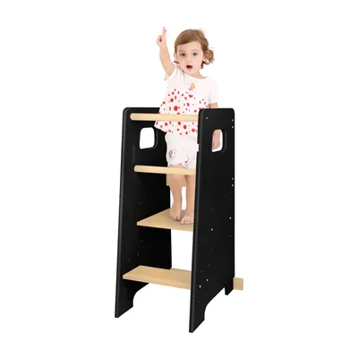 Produktbild von Holz Lernturm Montessori Stehhilfe,Learning Tower,Hocker Küchenhelfer,Lernleiter mit Kippschutz für Kinder ab 1 Jahr 90x42x40cm Schwarz Eiche