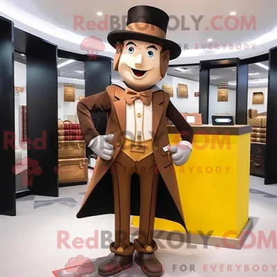 Produktbild von Maskottchenfigur REDBROKOLY eines braunen Zirkusdirektors mit Hose und Aktentasche