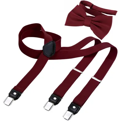 Produktbild von DonDon Herren Y-förmiger schmaler 2,5 cm Hosenträger elastisch und verstellbar im 2er Set mit farblich passender Fliege 12 x 6 cm - Dunkelrot