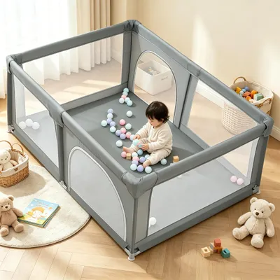 Produktbild von Baby Laufgitter faltbar 180x120cm Laufstall Absperrgitter mit 50 Spielbällen,Rutschfester Basis Dunkelgrau
