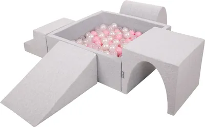 Obrázok produktu pre KiddyMoon Mäkké penové ihrisko pre deti s Štvorec loptičkovým ihriskom (300 ∅ 7 cm) s mäkkými prekážkami a loptičkovým bazénom,  vyrobené v EÚ, Svetlo šedá:Púdrovo ružová/Perla/Transparen