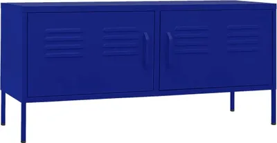 A blue metal cabinet with two doors and louvered vents, standing on four thin legs.