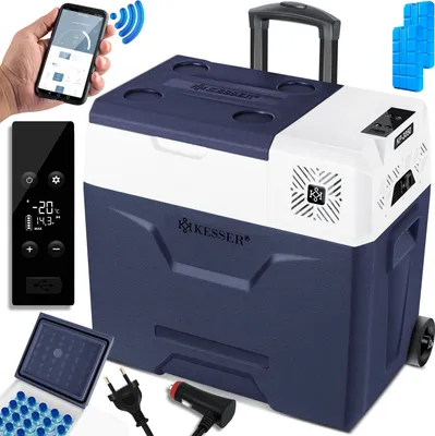 A collage of images showcasing a portable electric cooler and its accessories, including a remote control, a smartphone app interface, and power adapters.