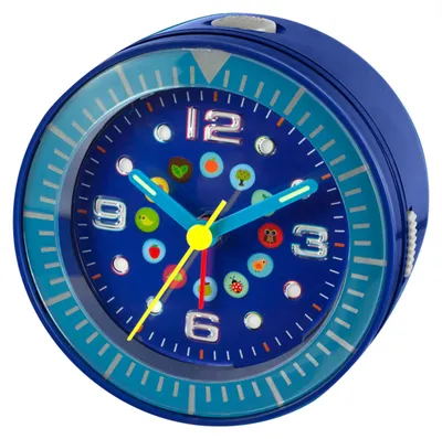 Produktbild von Kinder Wecker Blau/Türkis Analog mit buntem Punkt-Zifferblatt, LED-Beleuchtung blau, Snooze, AA-Batterie inkl., Kunststoffgehäuse, 96 x 75 mm