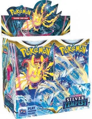 A display box of Pokemon Silver Tempest trading card booster packs.