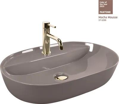 A beige oval washbasin with a gold faucet.