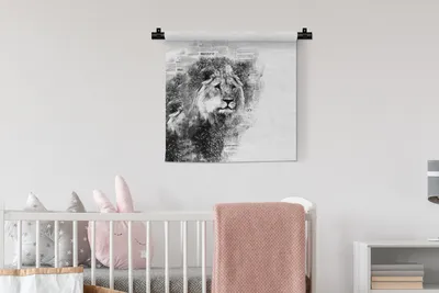 Produktbild von MuchoWow® Wandteppich Wandbehang Löwe - Zeitung - Schwarz - Weiß 60x60 cm Tapisserie Dekoration Wandtuch - Dekorationen - Wand Decke