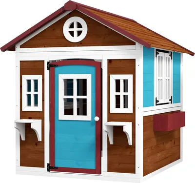 Productafbeelding van Houten speelhuisje, buitenspeelhuisje met raam, bloemenplank, plantenbak en deur, tuinhuisje voor kinderen van 3-8 jaar, donkerbruin