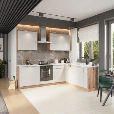 Produktbild von Winkelküche 200x260 cm - Aschegrau - mit weißer Arbeitsplatte - MDF - moderne Eckküche - Schubladen mit Soft-Close - ISABEL
