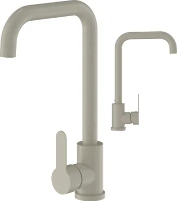 Two beige kitchen faucets on a white background.