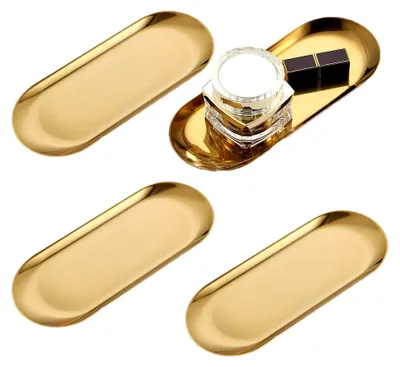 Produktbild von 4 Stück Goldene Teller, 30 x 12 cm Servierteller, Kleines Tablett, Deko Tablett, Goldene Platte, Ablageschale, Verwendung als Obstschale, Schmuckschale, Dessertschale