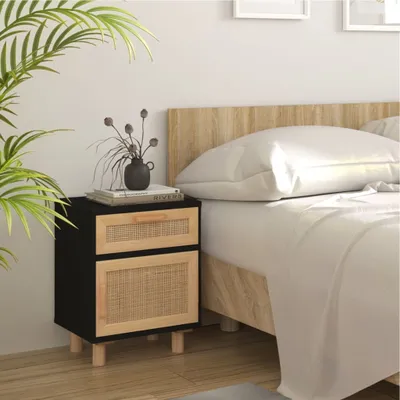 Produktbild von vidaXL Nachttisch Schwarz Massivholz Kiefer und Natur-Rattan