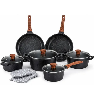 Image de Batterie de cuisine pour induction, 12 pièces – Revêtement antiadhésif sans PFAS – Batterie de cuisine en aluminium avec couvercles en verre – Casseroles et poêles – Compatible avec tous les types de cuisinières