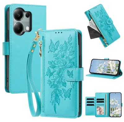 Image de Étui pour Xiaomi Poco M6 Pro 4G/Redmi Note 13 Pro 4G, étui en cuirPolyuréthanede type portefeuille avec compartiments, support pour cartes et dragonne, couleur bleue