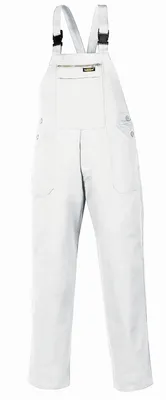 A white pair of overalls is shown against a white background.