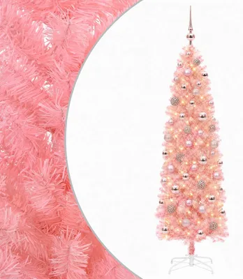 Zdjęcie produktu dla Sztuczne, smukłe drzewko świąteczne z bombkami, 180 cm, 300 diod LED