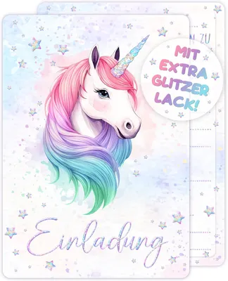 Image de Cartes d'invitation licorne scintillantes - Lot de 12 - Pour filles et garçons - Cartes d'invitation pour une fête arc-en-ciel, style aquarelle