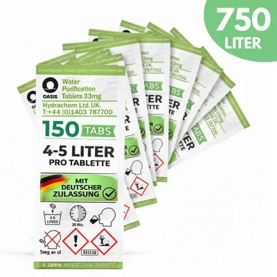 Produktbild von JUNG Oasis 150x5L(750L) Trinkwasseraufbereitung Tabletten 33mgGR +faltbarer Wasserkanister 10L Camping Wasserentkeimung Wasseraufbereitung Trinkwasser
