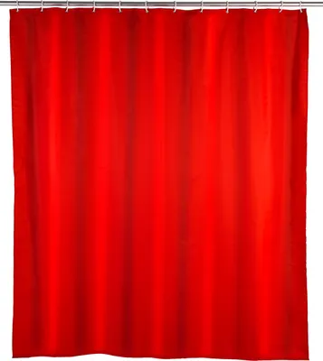 A red shower curtain hanging from a shower rod.