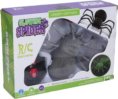 The image shows the retail packaging of a remote-controlled glowing spider toy.