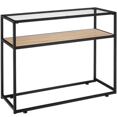 A console table with a glass top and a wooden shelf, set against a white background.