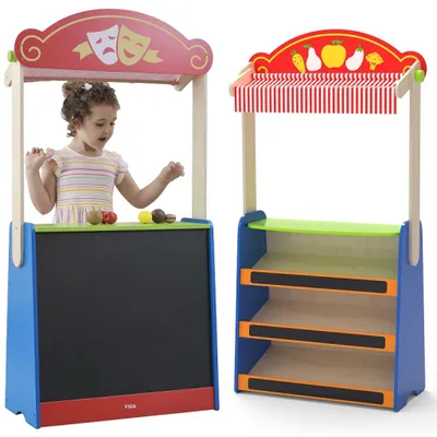 Produktbild von VIGA Holz-Spieltheater: Lebensmittelgeschäft 2-in-1 mit Kreidetafel und Verkaufsstand – Geschenk