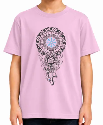 Image de T-shirt pour enfant, rose, avec motifs vikings : runes, boussole Vegvisir, loup, Valknut, mythologie nordique, taille 152