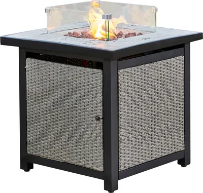 Obrázek produktu pro Teamson Home Venkovní zahradní ratanový plynový stolní hořák, bezkouřové ohniště, ohřívač nábytku na terasu se skleněnou zástěnou, lávovými kameny a krytem