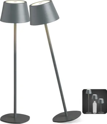 Two gray table lamps with conical shades are shown against a white background. A small inset image shows three lamps, one of which is a bottle-shaped lamp.