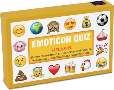 The image shows the front of a yellow game box for "Emoticon Quiz". The box is decorated with various emojis and text describing the game.