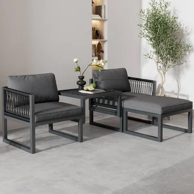 Obrázek produktu pro Zahradní lounge set, 4dílný, terasový nábytek se 2 křesly a 2 podnožkami, polohovatelné lehátko, PE ratan a pozinkovaná ocel, antracitová barva
