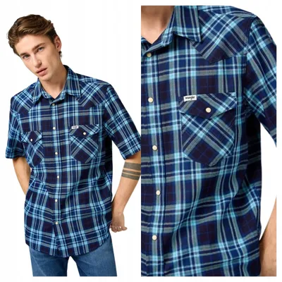 Produktbild von Wrangler | Herrenhemd Western dunkelblau Indigo Kurzarm Baumwolle Größe S