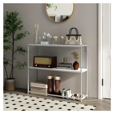 Produktbild von Konsolentisch, Eingangstisch, Stahlrahmen, 2 Regale, modernes Design, für Wohnzimmer, Flur, Diele, 100 x 30 x 87 cm, weiß