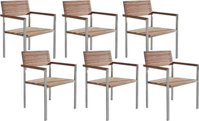 Produktbild von BELIANI Gartenstuhl 6er Set Hellbraun / Silber Teakholz Edelstahl Klassisch Terrasse Outdoor