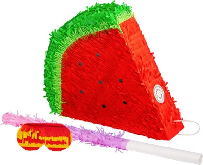 Produktbild von Fax Potato 3-teiliges Wassermelonen-Piñata-Set mit Stock und Augenbinde – Rosa Stock
