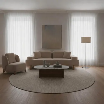 Zdjęcie produktu dla Zestaw do salonu: 3-osobowa sofa i fotel, styl nowoczesny, kolor beżowy, drewniane nogi, nowy