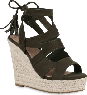 Produktbild von VAN HILL Damen Keilsandaletten Sandaletten Bast Quasten Cut-Outs Schuhe 841372, Farbe: Olivgrün, Größe: 37
