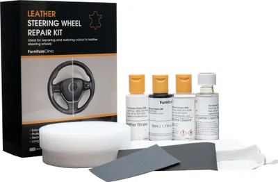 Produktbild von Furniture Clinic Leder-Lenkrad-Reparatur-Set (schwarz) – repariert Schäden und stellt die Farbe auf jedes abgenutzte Lederlenkrad wieder her.