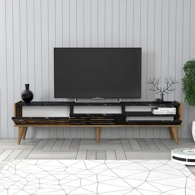 Image de Skye Decor, meuble TV moderne (180 cm), en noyer et noir avec effet marbre, hauteur 35 cm, profondeur 45 cm | 100% panneau de particules mélaminé, épaisseur 18 mm | Grand espace de rangement et design élégant.