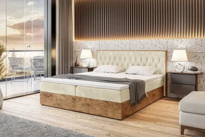 Produktbild von MEBLINI Boxspringbett mit Bettkasten - Gepolstert Doppelbett mit Matratze und Topper - Polsterbett mit Stauraum - Bett mit Kopfteil - Stauraumbett - LOFTY 6 - 200x200 - H4/Beige Samt