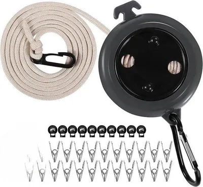 Produktbild von Reisbare Campingwaschleine 8 m mit 20 Klemmen und 10 Fixbügeln für Reisen